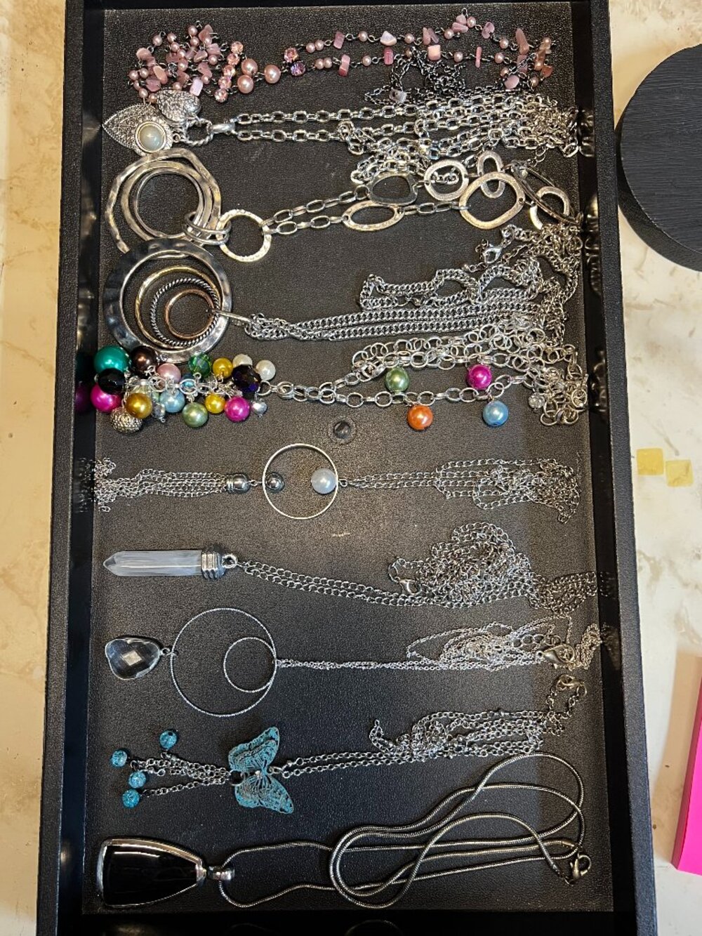 Lot of 10 Long Silvertone Pendant Necklaces